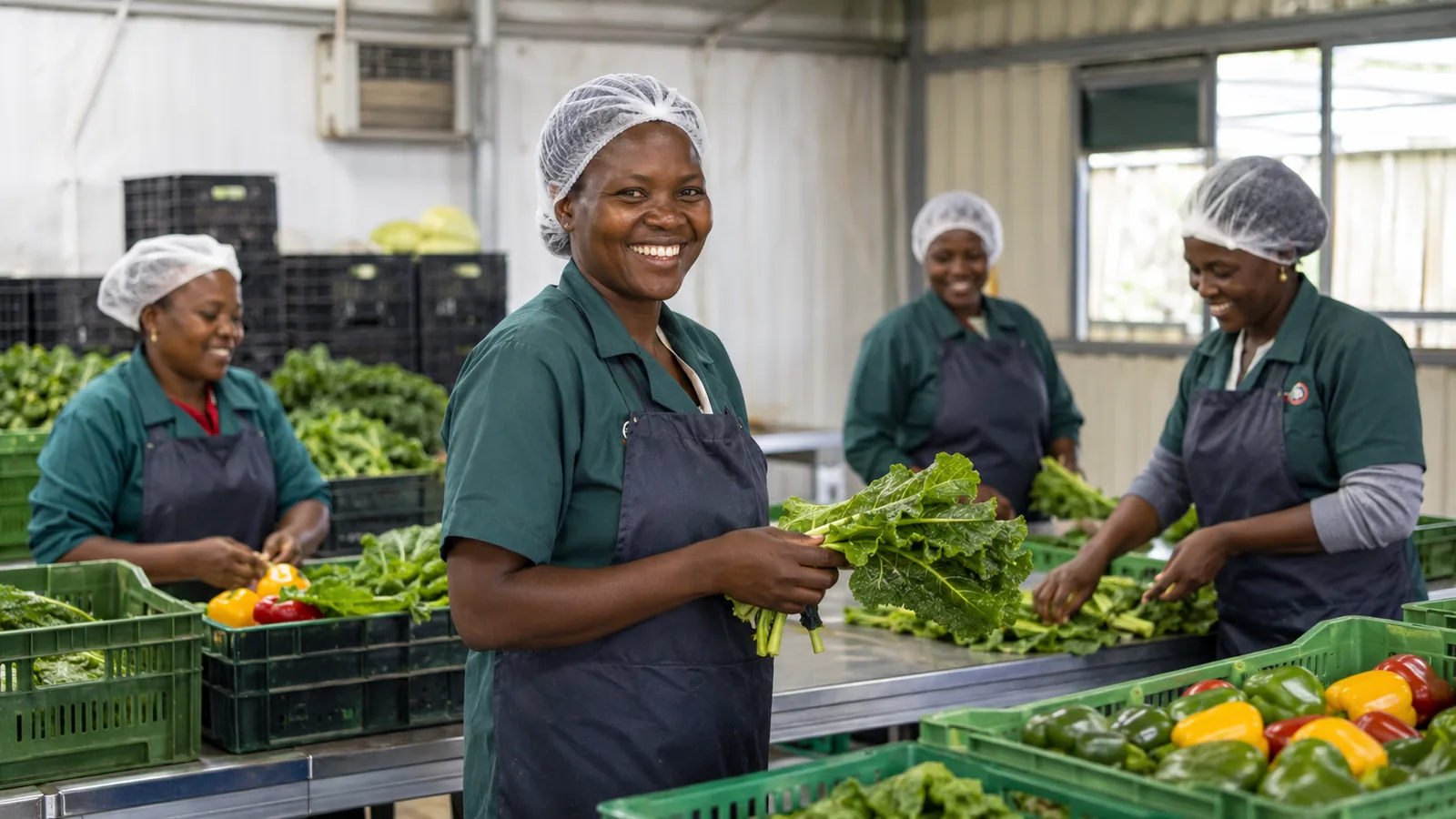 Women sorting and packing fresh vegetables in a clean packhouse